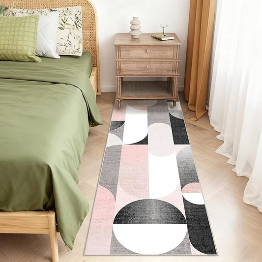 Pink Runner Rug 2x6 Washable Rug Runners for Hallway Kitchen,Long Modern Rugs for Bedroom Entryway Bathroom,Non Slip Floor Carpet,Blush Grey Black