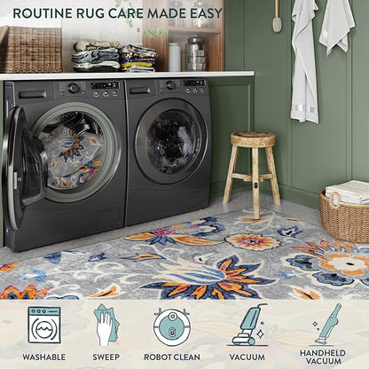 Lahome Floral Washable Carpet for Living Room - 3x5 Non-Slip Lightweight Kitchen Rugs, Throw Soft Small Area Rug for Bedroom Grey Paisley Print Aesthetic Rug for Entryway Bathroom Laundry Room Office