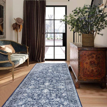 KILOCOCO Hallway Runner 2.6x8 Rug Runner Printed Vintage Floral Washable Kitchen Runners Non-Slip Rubber Backed Runners for Hallways Laundry Room Distressed Boho Rugs for Entryway Bedroom, Blue
