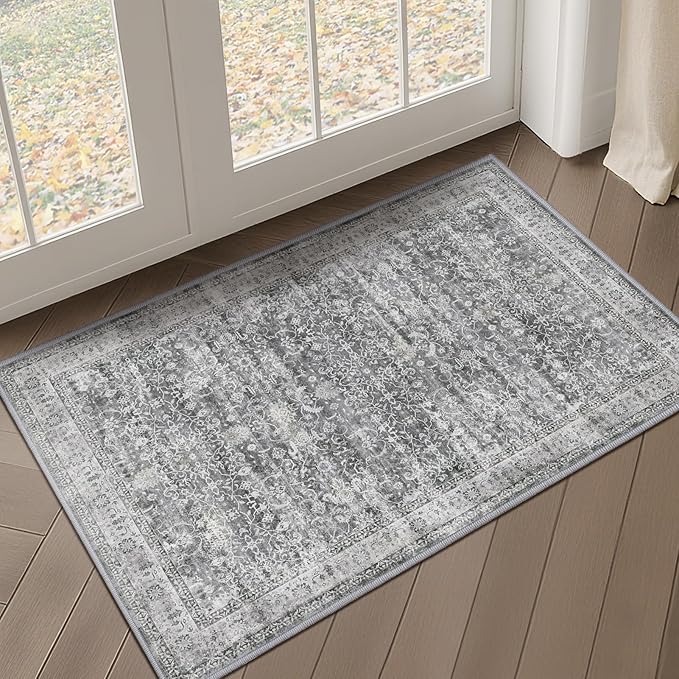 Grey Entryway Rug Indoor, 2x3 Small Door Rugs for Entry Way/Kitchen/Bathroom, Washable Non Slip Low Pile Thin Door Mat Indoor Entrance, Vintage Neutral Gray and Ivory Rug with Decorative Fringe