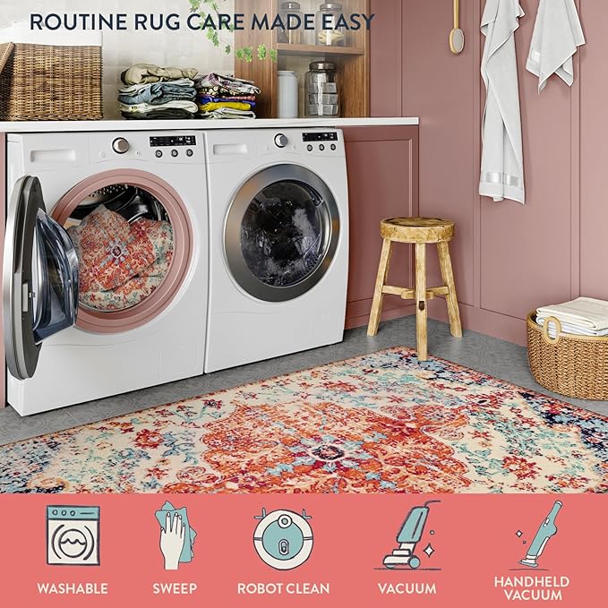 Lahome Bohemian Floral Medallion Area Rug - 3x5 Bedroom Rug Soft Throw Printed Bathroom Kitchen Entry Foyer Mat, Vintage Non-Slip Washable Carpet for Front Door Laundry Room Bath Office, Orange