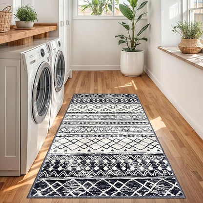 KUTA Boho Moroccan 3x5 Rugs for Entryway, Black Non-Slip Washable Low-Pile Living Room Area Rug, Ultra Soft Distressed Geometric Print Throw Carpet for Entrance, Bedroom, Nursery, Dorm, Kitchen