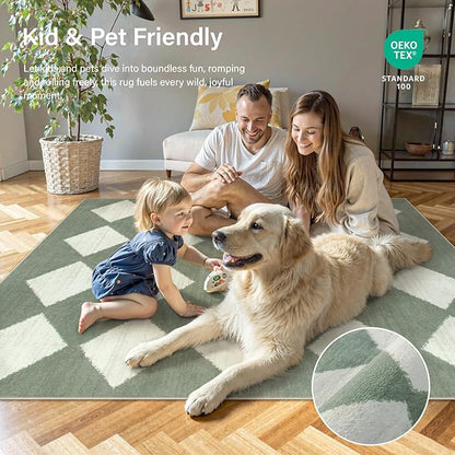 Lahome Checkered Washable 5x7 Rugs for Living Room Green Rug for Bedroom, Soft Dining Room Rugs for Under Table, Diamond Trellis Throw Carpet for Entryway Dorm Kids Playroom (5'x7',Green)