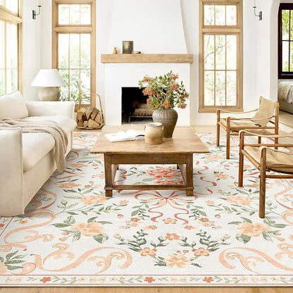 Orange Rug Bow Floral 8x10 Rug, Washable Area Rugs for Bedroom Living Room, Dining Room,Kids Room, Office,Playroom, Boho Modern Aesthetic Farmhouse Decor Non Slip Low Pile Carpet