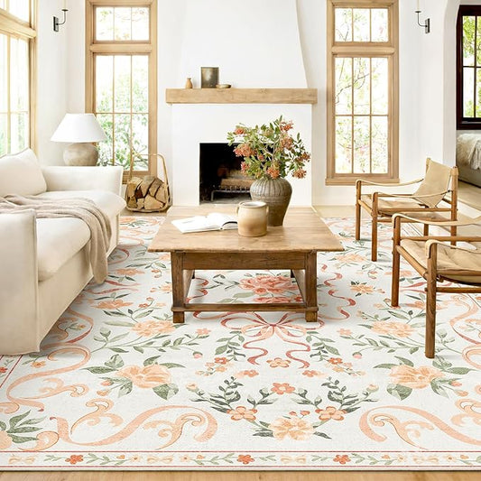 Orange Rug Bow Floral 8x10 Rug, Washable Area Rugs for Bedroom Living Room, Dining Room,Kids Room, Office,Playroom, Boho Modern Aesthetic Farmhouse Decor Non Slip Low Pile Carpet
