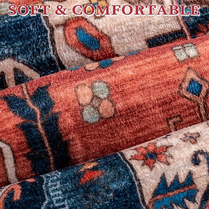 SERISSA Boho Round Area Rug, 8ft Washable Non-Slip Circle Rug, Ultra Soft Large Oriental Vintage Rust Low-Pile Circular Carpet for Living Room Bedroom Dining Room Kids Room Office College Dorm