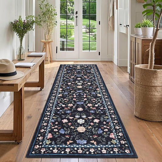 GarveeHome Washable Runner Rug 2 x 6 Non-Slip Non-Shedding Soft Vintage Bedside Rug, Low Pile Farmhouse Floral Carpet, Indoor Foldable Printed Entryway Rug for Hallway Kitchen, Dark Grey Blue