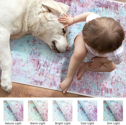 Modern Abstract 2x3 Girls Room Rug, Machine Washable Blush Pink Sky Blue Small Area Rug Thin Kitchen Mat Non-Slip, Print Faux Wool Soft Floor Carpet for Girl Women's Bedroom Entryway Bedside