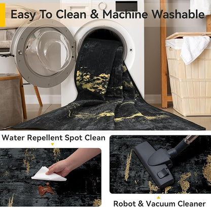 Washable Area Rugs 6'x9' Non-Slip Modern Abstract Soft for Living Room Entryway Bedroom Nursery, Print Pattern, Dark Black Gold