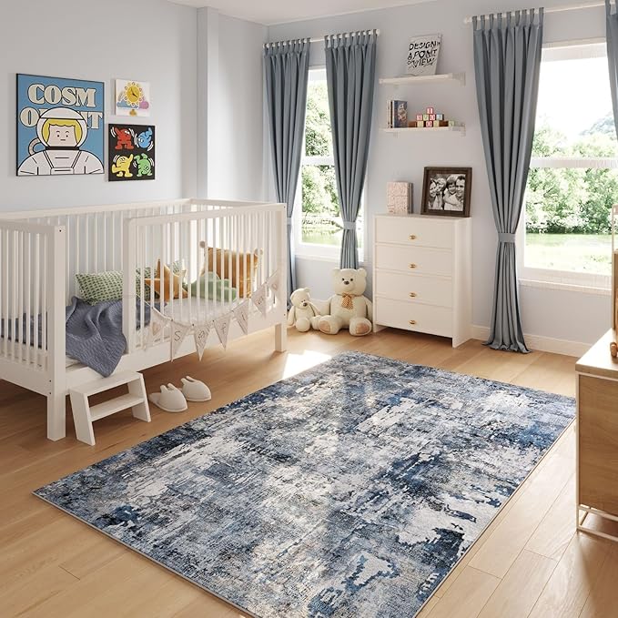 Rugcomf 8x10 Rug Washable Boho Rug Soft Large Area Rug Non-Slip Non-Shedding Faux Wool Vintage Rug for Living Room, Farmhouse, Dining Room, Indoor, Kids Playroom, Blue