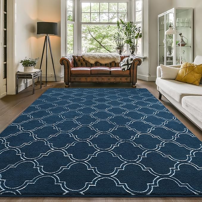 Amearea Fluffy Indoor Area Rug, Soft Trellis Moroccan Rugs for Bedroom, Shag Modern Area Rug for Living Room Kids Room Nursery, Easy Clean, Home Decor Low Pile Carpet, Teal Blue 5x7 Feet