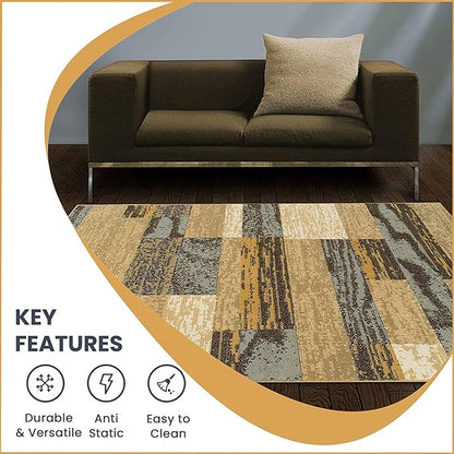 SUPERIOR Indoor Area Rug, Jute Backed, Modern Geometric Patchwork Floor Decor for Bedroom, Office, Living Room, Entryway, Hardwood Floors, Rockwood Collection, 7' x 9', Light Blue-Beige