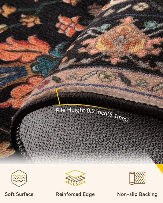 Area Rugs Square 8ft Washable Non-Slip, Floral Vintage Distress Print Pattern Medallion Carpet for Living Room Bedroom Dining Room, Black Colorful Floral Dark Tan