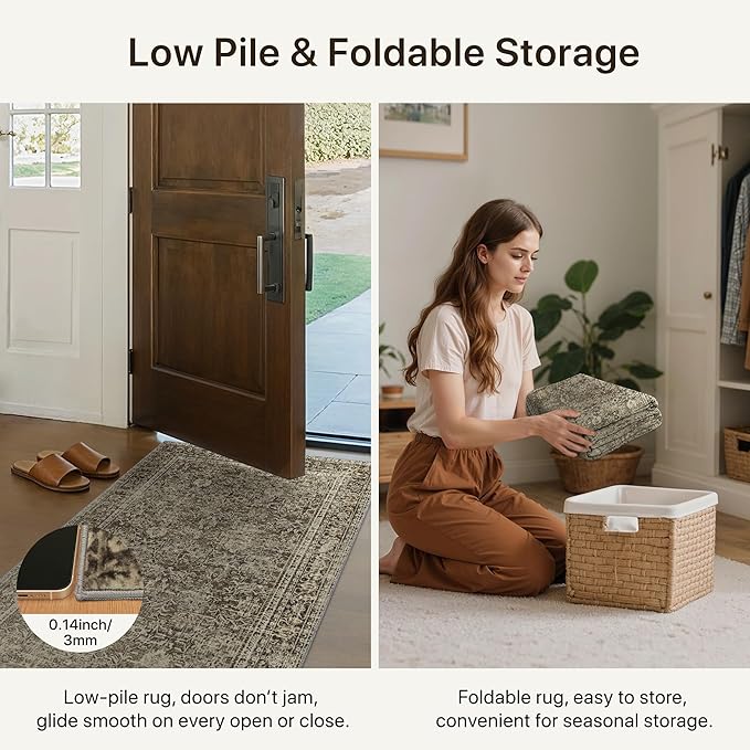 9x12 Area Rug Machine Washable Boho Rug for Living Room,Ultra-Thin Low Pile Carpet,Lightweight Indoor Printed Rug,Non Slip Floral Area Rug for Bedroom, Dining Room, Home Office,Vintage Sage Green