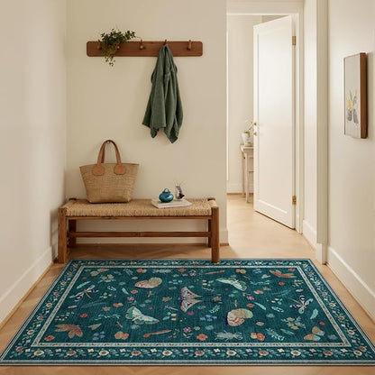 3x5 Washabl Rug with Insect Print - Bug Rug Non-Shedding Stain Resistant Soft Small Carpet for Bedroom, Low Pile Ultra-Thin Machine Washable Carpet for Nursery,Entrance, Office (3'x5' Teal)
