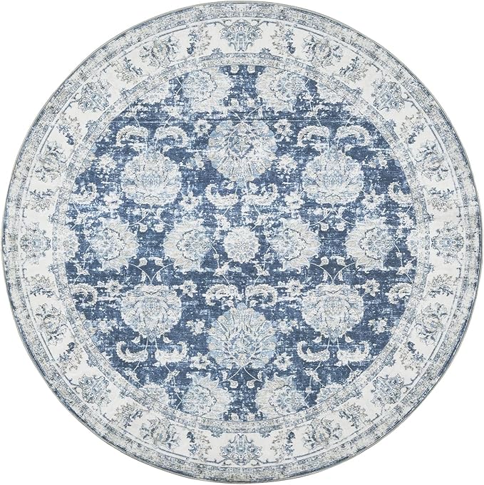 jinchan Fiora Round Rug 7ft Area Rug - Dark Blue Vintage Floor Mat Indoor Ultra-Thin Soft Floral Print - Washable Circle 7' Retro Accent for Farmhouse Non Slip Dining Room Living Room Bedroom Office