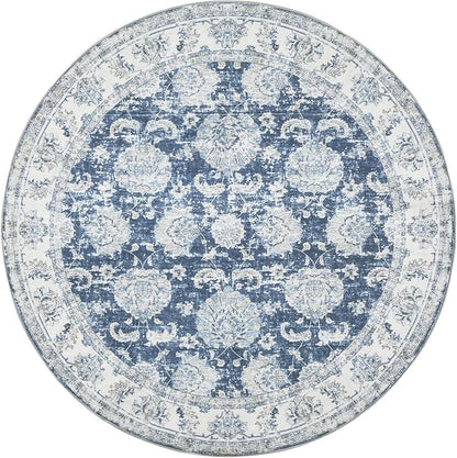 jinchan Fiora Round Rug 7ft Area Rug - Dark Blue Vintage Floor Mat Indoor Ultra-Thin Soft Floral Print - Washable Circle 7' Retro Accent for Farmhouse Non Slip Dining Room Living Room Bedroom Office