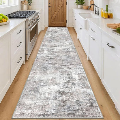 Modern Abstract 3x16 Runner Rug, Beige Grey Neutral Washable Long Kitchen Runner Non-Slip Soft Hallway Rug Runner Thin Print Faux Wool Floor Carpet for Hall Stair Entryway