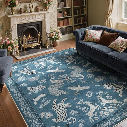 Moynesa Animal Area Rugs 8x10, Washable Luxurious Vintage Boho Blue Area Rug for Living Room Bedroom Dining Room Office Playroom, Foldable Low Pile Soft Non-Slip Carpets for Indoor
