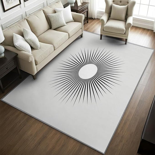 Mid Century Rugs for Living Room - 2x3 ft, Minimalist Sun Rug, Black and White Area Rug, Modern Abstract Washable Door Mat for Entryway, Kitchen, Optical Illusion Home Decor & Gifts