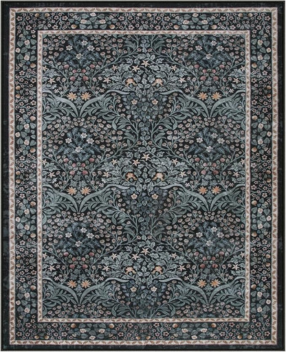 Lahome Floral Washable Rugs 8x10, Soft 8x10 Area Rugs for Living Room Bedroom, Boho Non-Slip Forest Stain Resistance Large Throw Carpet for Farmhouse Dining Room Office, Black