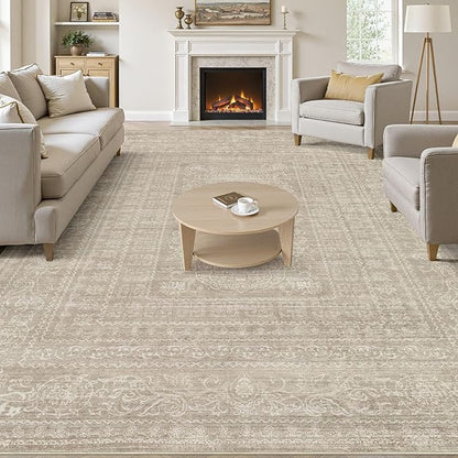 6x9 Area Rugs Living Room: Washable Large Vintage Rug Neutral Non-Slip Soft Stain Resistant Indoor Carpet for Bedroom Nursery Dining Room Under Table Bed Home House Office Playroom - Brown