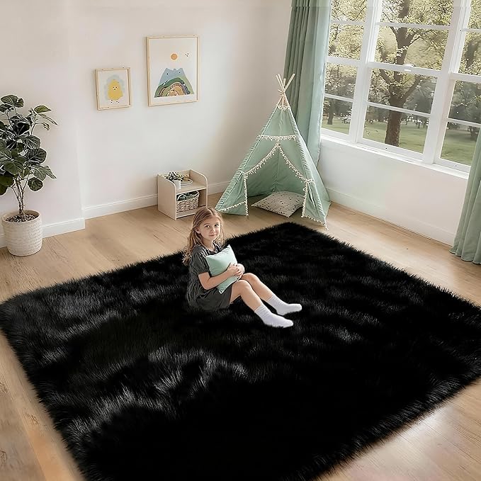 6x9 Shag Large Rugs for Living Room Bedroom, Fluffy Soft Durable Non-Shedding, Shaggy Bedside Rug for Dorm, Indoor Floor Carpet for Kids Girls and Boys, Dorms, Nursery Rooms, Home Decor, Black