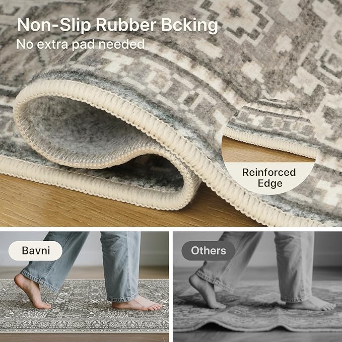 Bavni 2'6''x6 Rug Runners for Hallways, Washable Runner Rug Non Slip, Vintage Floral Print Style Rugs for Bedroom-Lightweight Low Pile Carpet for Hallways Bathroom, Gery