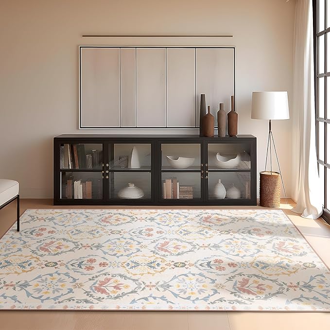 Phantoscope Washable Area Rug 9'x12' Non-Slip, Vintage Floral Boho Rugs for Living Room, Bedroom, DiningRoom, Soft Botanical Moroccan Pattern, Low-Pile Foldable Floor Carpet, Ivory Pink/Boho Garden