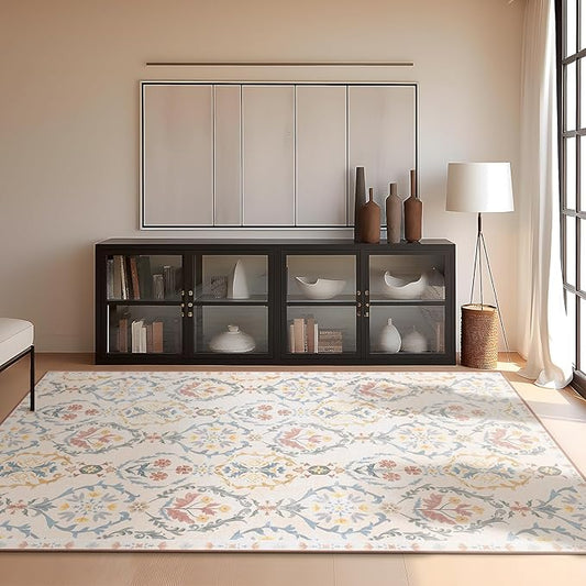 Phantoscope Washable Area Rug 9'x12' Non-Slip, Vintage Floral Boho Rugs for Living Room, Bedroom, DiningRoom, Soft Botanical Moroccan Pattern, Low-Pile Foldable Floor Carpet, Ivory Pink/Boho Garden