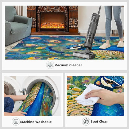 Peacock Rug Small - 2x3 Rug, Turquoise Teal Peafowl Washable Rugs for Living Room, Peafowl Decor Carpet, Modern Style Non-Slip Area Rugs for Bedroom, Aesthetics Carpet - Peafowl Home Decor & Gifts