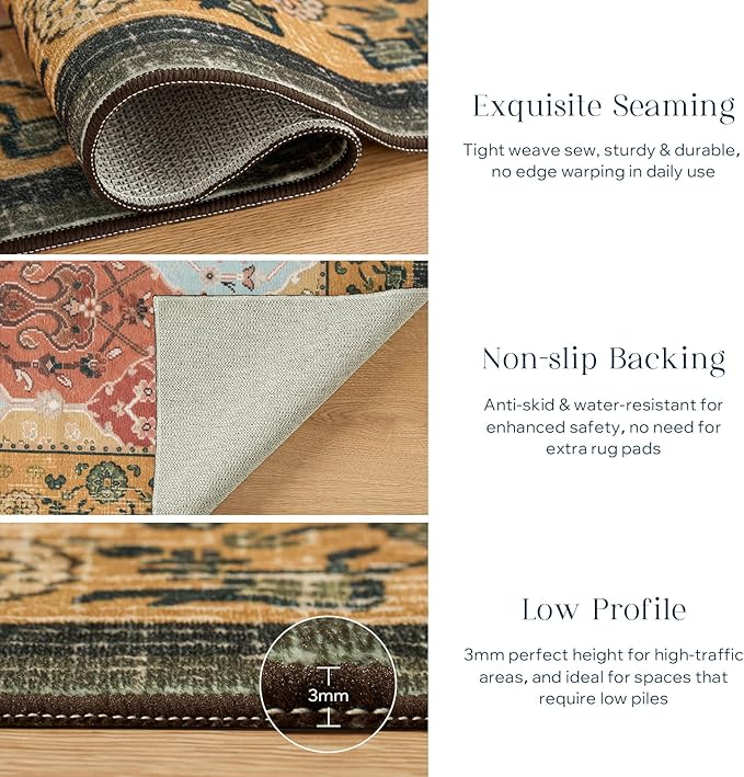 Phantoscope Washable Area Rug 6'x9' Non-Slip, Vintage Boho Rugs for Living Room, Bedroom, Dining Room, Distressed Moroccan Mosaic Diamond Pattern, Low-Pile Foldable Floor Carpet, Terracotta/Rust