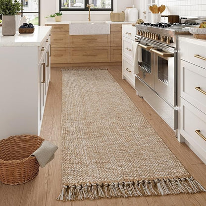 Collive Washable Carpet Runners for Hallway 12ft, Boho Long Rugs for Kitchen Cotton Hand Woven Bedroom Runner Rug Tan/Cream Low Pile Natural Floor Carpet for Indoor Hall Entryway