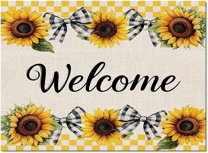 Summer Sunflowers Rectangular Welcome Area Rugs for Living Room Bedroom 5 x 8 ft Bow Tie Plaids Non-Shedding Soft Low Pile Rug Rustic Linen Non Slip Washable Rug for Nursery Entryway Playroom