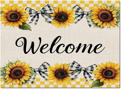 Summer Sunflowers Rectangular Welcome Area Rugs for Living Room Bedroom 4 x 6 ft Bow Tie Plaids Non-Shedding Soft Low Pile Rug Rustic Linen Non Slip Washable Rug for Nursery Entryway Playroom