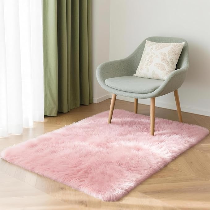 2x3 Solid Fluffy Pink Area Rug – Washable, Durable, Small Bedroom Rug, Non-Slip High Pile Shag Rugs for Living Room, Bedroom, Bedside, Dorms,Grils Rooms, Kids Room, Soft Indoor Floor Carpet