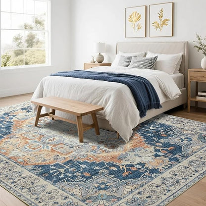 Area Rugs 4x6, Low Pile Washable Rugs, Soft Vintage Distressed Rugs for Bedroom, Living Room, Dining Room, Water Repellent, Non Shedding, Blue and Orange
