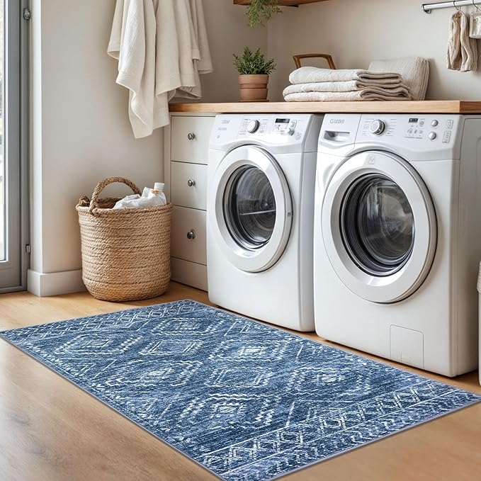 KILOCOCO Boho Entryway Rug 3x5 Area Rug Washable Non Slip Printed Throw Rugs Soft for Kitchen Living Room Dining Bedroom Geometric Moroccan Carpet, Stonewashed Blue