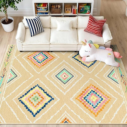Area Rug 6x9 Rug Machine Washable Non-Slip Low Pile Print Pattern Western Rug for Living Room Bedroom Entryway Tribal Series -Cream/Beige