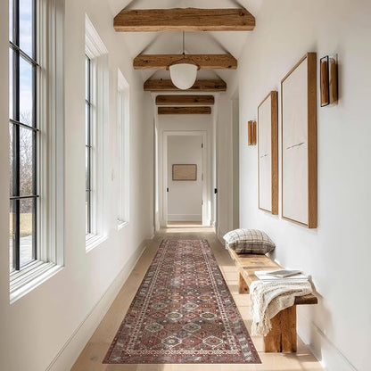 Kuden 2'6"x10 Runner Rug, Machine Washable Area Rug with Non-Slip Backing, Vintage Style, Soft, Easy Clean, Low Pile Rug for Hallway, Entryway, Kitchen, Bedroom