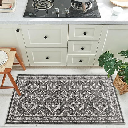 WITSHOCK Washable 2x4 Entryway Area Rug: Soft Non-Slip Backing Washable Rugs Vintage Flower Boho Accent Small Rugs for Bedroom, Kitchen, Bathroom, Nursery Entrance,Black