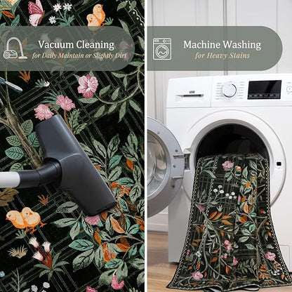 Morebes Black Boho 8x10 Area Rugs for Living Room, Washable Large Floral Rug Non Slip, Soft Flower Birds Low-Pile Floor Indoor Carpet for Bedroom Dining Room Dorm Playroom Nursery