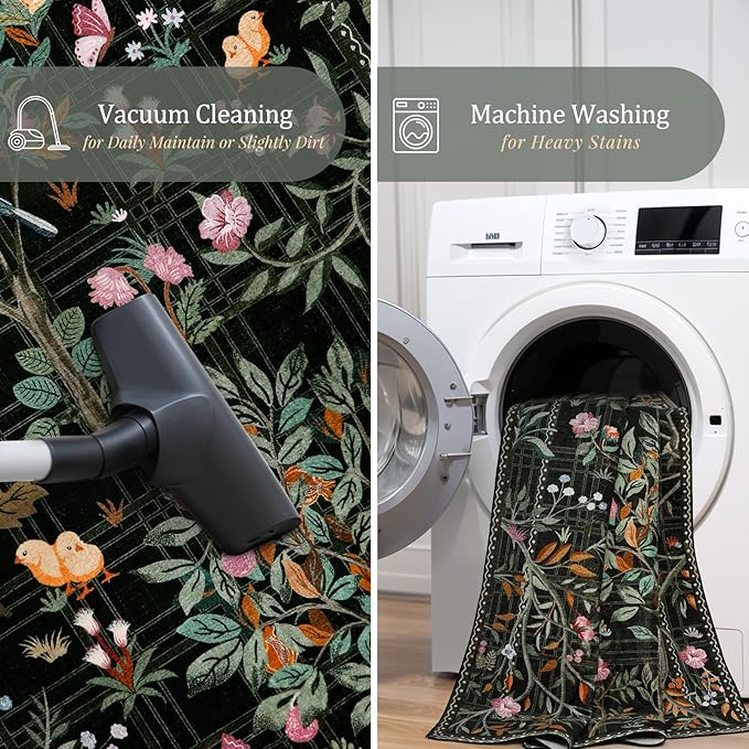 Morebes Boho Flower Rug for Living Room Non Slip, Washable Area Rugs 5x7, Soft Black Floral Birds Low-Pile Floor Indoor Throw Carpet for Bedroom Dining Room Dorm Playroom Foyer Office