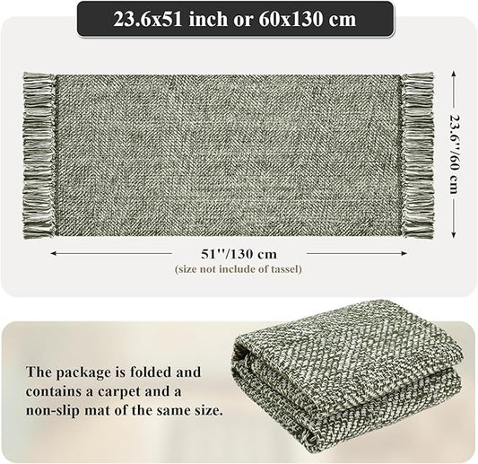 Collive Washable Kitchen Runner Rug, Modern Farmhouse Hand Woven Entryway Rugs Non Slip, Cotton Reversible Bathroom Carpet for Bedroom Hallway Foyer Back Door Decor, 2 x 4.3 ft Olive Green/Cream