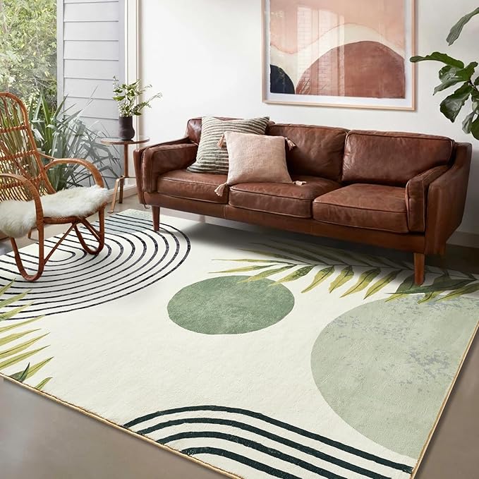 RoomTalks Mid Century Modern Washable Rug, Boho Cute Aesthetic 6x9 Area Rugs for Bedroom Dining Living Room Kitchen Office, Green Abstract Tropical Leaves Non Slip Thin Indoor Botanical Carpet
