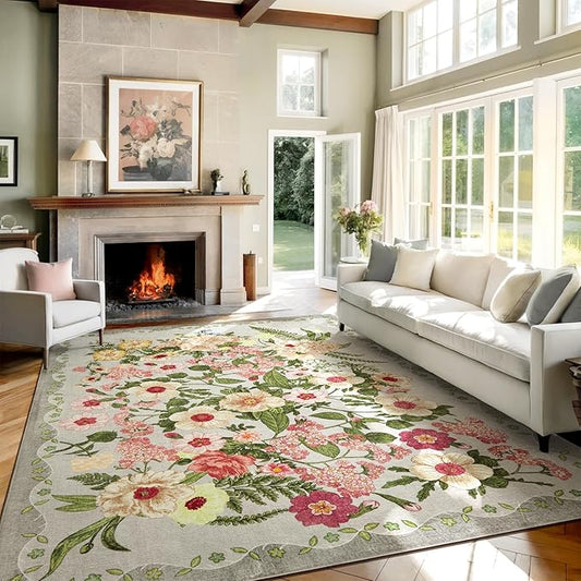 Floral Rugs for Living Room - 9x12 Soft Washable Area Rug Stain Resistant Ultra-Thin Non-Slip Low Pile Farmhouse Vintage Large Carpet for Bedroom Dining Room Nursery Home Office Decor, Grey