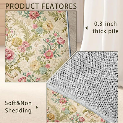 Chic Vintage Rose Rug for Living Room 5x7, Low Pile Non-Slip Backing, Machine Washable Easy Fold Rug for Home, Office, Dorm Room