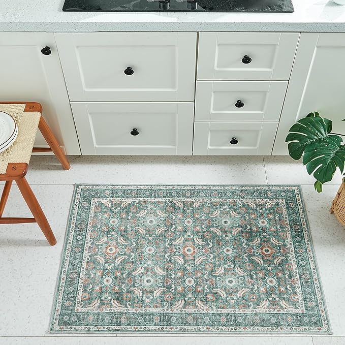 WITSHOCK Washable 2x3 Entryway Area Rug: Soft Non-Slip Backing Washable Rugs Vintage Flower Boho Accent Small Rugs for Bedroom, Kitchen, Bathroom, Nursery Entrance,Teal Blue