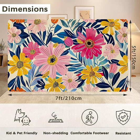 Pink Flowers Summer Area Rug for Living Room, Non-Slip Backing Low Pile Modern Abstract Rug for Indoor Use, 5x7 Washable Carpet