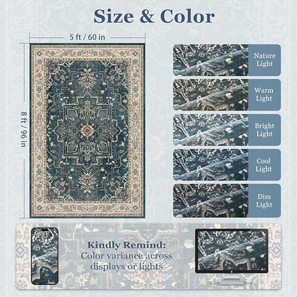 Vintage Blue Area Rugs 5x8, Non Slip Washable Rug for Living Room Bedroom, Dark Medallion Distressed Printed Low Pile Thin Carpet Rugs for Dining Room/Kitchen/Home Office, Deep Blue/Multi